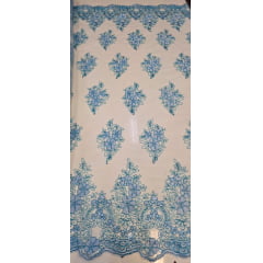 Tule Bordado Europa Azul Turquesa com Fio Metálico Azul MCT Modelo 02 - Comprimento 4,50 m x Largura 1,30 m