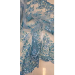Tule Bordado Europa Azul Turquesa com Fio Metálico Azul MCT Modelo 02 - Comprimento 4,50 m x Largura 1,30 m