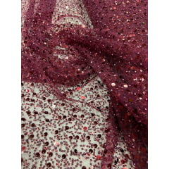 Tule Bordado com Paetês e Pedrarias Marsala - Comprimento 0,75 cm x Largura 1,30 m Tule Bordado com Paetês e Pedrarias Marsala - Comprimento 0,75 cm x Largura 1,30 m