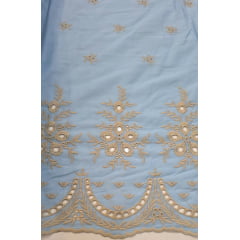 Layse Barrada dos 2 Lados Bicolor Fundo Azul Serenity e Bordado Kaki - Comprimento 1 m x Largura 1,35 m