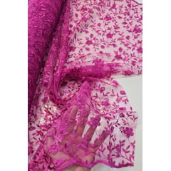 Tule Bordado Festa Fúcsia - Comprimento 0,75 cm x Largura 1,30 m