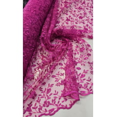 Tule Bordado Festa Fúcsia - Comprimento 0,75 cm x Largura 1,30 m