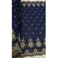 Layse Barrada dos 2 Lados Bicolor Fundo Azul Marinho e Bordado Kaki - Comprimento 3,50 m x Largura 1,35 m