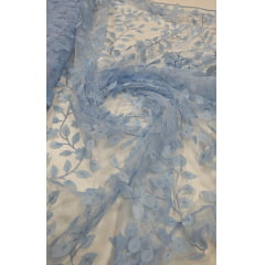 Tule Bordado Floral com Borboletas Azul Serenity COM FURO - Comprimento1 m x Largura 1,35 M Tule Bordado Floral com Borboletas Azul Serenity COM FURO - Comprimento1 m x Largura 1,35 M