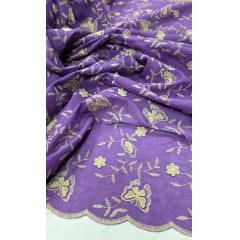Cambraia Bordada 3D Bicolor Borboletas Roxo com Kaki ( COM ACABAMENTO NOS 2 LADOS) - Comprimento 0,85 cm x largura 130 m