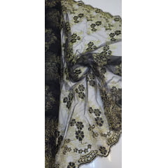 Tule Bordado Europa Preto com Fio Metálico Dourado MCT Modelo 02  - Comprimento 1 m  x Largura 1,30 m 