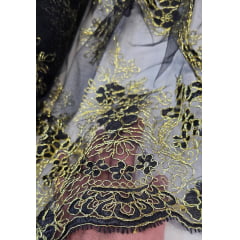 Tule Bordado Europa Preto com Fio Metálico Dourado MCT Modelo 02  - Comprimento 1 m  x Largura 1,30 m 