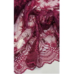 Tule Bordado Europa Flores Marsala Com Fio Metálico Desenho 36 - Comprimento 3,45 m x Largura 1,30 m