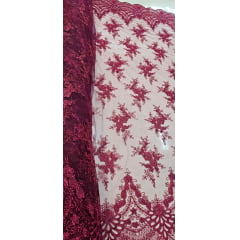 Tule Bordado Europa Flores Marsala Com Fio Metálico Desenho 36 - Comprimento 3,45 m x Largura 1,30 m