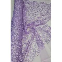 Tule Bordado Arabescos com Bico Lilás ST500   - Comprimento 2 m x Largura 1,30 m