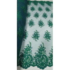 Tule Bordado Europa Flores Verde Bandeira Com Fio Metálico Modelo 35 - Comprimento 4 m x Largura 1,30 m Tule Bordado Europa Flores Verde Bandeira Com Fio Metálico Modelo 35 - Comprimento 4 m x Largura 1,30 m