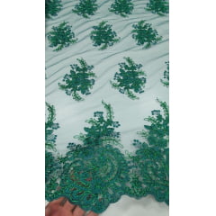 Tule Bordado Europa Flores Verde  Bandeira Com Fio Metálico Modelo 35 - Comprimento 4 m x Largura 1,30 m