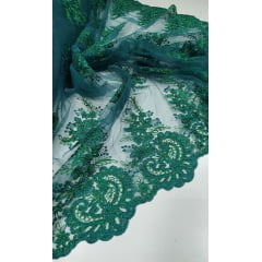 Tule Bordado Europa Flores Verde  Bandeira Com Fio Metálico Modelo 35 - Comprimento 4 m x Largura 1,30 m