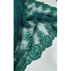 Tule Bordado Europa Flores Verde  Bandeira Com Fio Metálico Modelo 35 - Comprimento 4 m x Largura 1,30 m