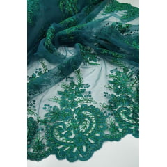 Tule Bordado Europa Flores Verde  Bandeira Com Fio Metálico Modelo 35 - Comprimento 4 m x Largura 1,30 m