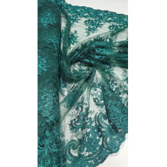 Tule Bordado Europa com Soutache Verde Folha Milão - Comprimento 2,50 m x Largura 1,35 m