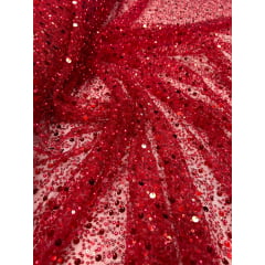Tule Bordado com Paetês e Pedrarias Vermelho - Comprimento 1,40 m x Largura 1,30 m