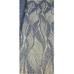 Tule Bordado com Paetês Wave Azul Serenity - Comprimento 1 m x Largura 1,50 m