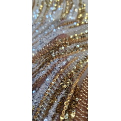 Tule Bordado com Pedrarias Premium Dourado com Branco  HT70575 COM FURO - Comprimento 0,90 cm x Largura 1,30 m