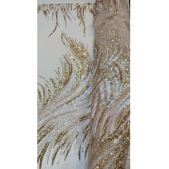 Tule Bordado com Pedrarias Premium Dourado com Branco  HT70575 COM FURO - Comprimento 0,90 cm x Largura 1,30 m