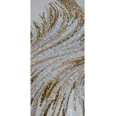 Tule Bordado com Pedrarias Premium Dourado com Branco  HT70575 COM FURO - Comprimento 0,90 cm x Largura 1,30 m