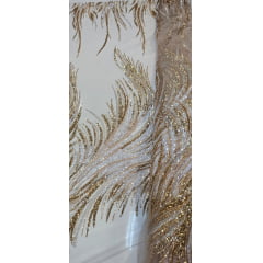 Tule Bordado com Pedrarias Premium Dourado com Branco  HT70575 COM FURO - Comprimento 0,90 cm x Largura 1,30 m