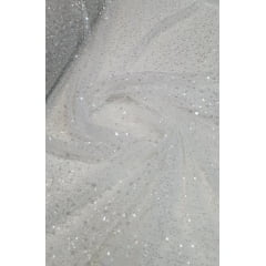 Tule Bordado Branco com Pedrarias e Paetês Transparentes - Comprimento 0,75 cm x Largura 1,30 m