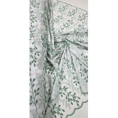 Cambraia Bordada 3D Bicolor Ramos Verde e Branco   ( COM ACABAMENTO NOS 2 LADOS) - Comprimento 2 m x Largura 1,30 m