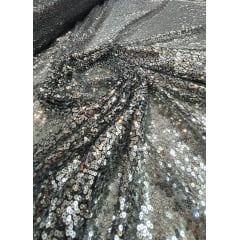 Paetê Bordado Paris Fundo Preto com Paetê Prata - Comprimento 0,95 cm x Largura 1,40 m