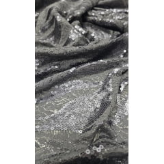 Renda Bordado com Paetê Monte Carlo Cinza Chumbo - Comprimento 0,90 cm x Largura 1,50 m 