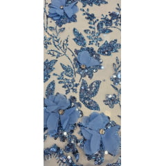 Tule Bordado com Glitter  3D Azul Serenity ST3853   - Comprimento 0,90 cm x Largura 1,40 m