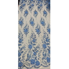 Tule Bordado com Glitter  3D Azul Serenity ST3853   - Comprimento 0,90 cm x Largura 1,40 m
