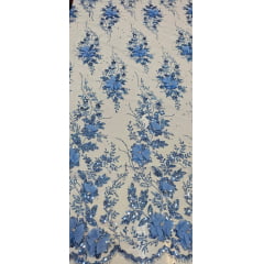 Tule Bordado com Glitter  3D Azul Serenity ST3853   - Comprimento 0,90 cm x Largura 1,40 m