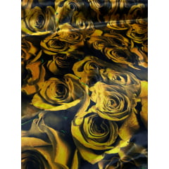 Cetim Estampado Digital Fundo Preto Rosas Amarelas CORTE TORTO - Largura 1,47 m x Comprimento 1 m