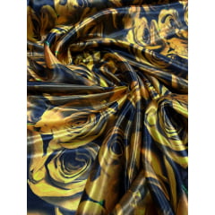 Cetim Estampado Digital Fundo Preto Rosas Amarelas CORTE TORTO - Largura 1,47 m x Comprimento 1 m