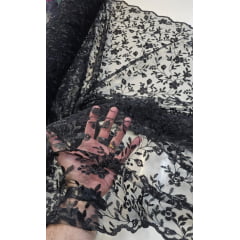 Tule Bordado Festa Preto - Comprimento 0,75 cm x Largura 1,30 m