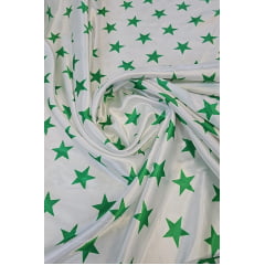 Cetim Estampado Fundo Branco Estrelas Verde COM FITA - Comprimento 0,50 cm x Largura 1,47 m