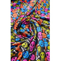 Cetim Estampado Halloween Caveiras Coloridas - Comprimento 1 m x Largura 1,47 m