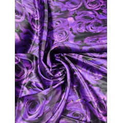 Cetim Estampado Digital Rosas Roxas - Comprimento 0,75 cm x Largura 1,47 m