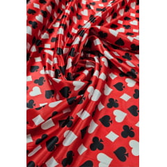 Cetim Estampado Digital Naipes Fundo Vermelho - Comprimento 1,30 m x Largura 1,47 m