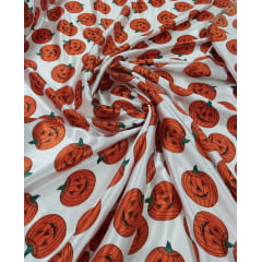 Cetim Estampado  Fundo Branco Halloween Abóboras  - Comprimento 0,70 cm x Largura 1,47 m