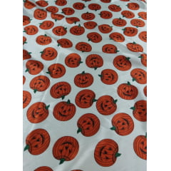 Cetim Estampado Fundo Branco Halloween Abóboras - Comprimento 0,80 cm x Largura 1,47 m