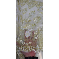 Tule Bordado Europa Branco com Fio Metálico Dourado MCT Modelo 02 - Comprimento 1 m x Largura 1,30 m