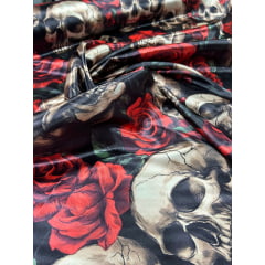 Cetim Estampado Digital Caveiras com Rosas Vermelhas COM Falha  - Comprimento 1,60 m x Largura 1,47 m  