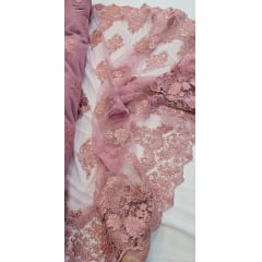 Tule Bordado Europa com Bico Rosê Modelo 383 - Comprimento 3 m x Largura 1,40 m