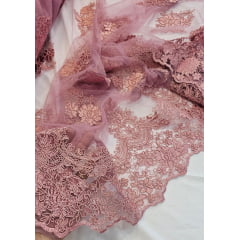 Tule Bordado Europa com Bico Rosê Modelo 383 - Comprimento 3 m x Largura 1,40 m