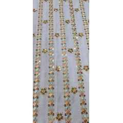 Viscolinho Premium Indiano Bordado Rosê e Verde Água - Comprimento 0,45 m x Largura 1,30 m