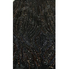 Tule Bordado com Pedrarias Premium Preto Modelo HT97436 - Comprimento 0,55 cm x Largura 1,30 m