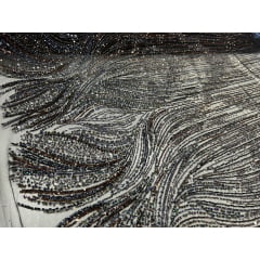Tule Bordado com Pedrarias Premium Preto Modelo HT97436 - Comprimento 0,55 cm x Largura 1,30 m