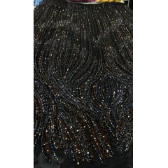 Tule Bordado com Pedrarias Premium Preto Modelo HT97436 - Comprimento 0,55 cm x Largura 1,30 m